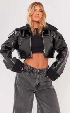 Prettylittlething Black Borg Lined Vinyl Cropped Jacket Black