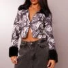Prettylittlething Monochrome Swirl Print Faux Fur Zip Up Knit Cardigan Monochrome