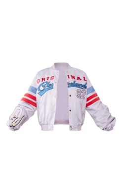 PRETTYLITTLETHING Blue Graphic Front Satin Look Varsity Bomber Jacket Blue -Prettylittlething be5e74164c3e044800e84b950423da08d82da4db cmz8745 5