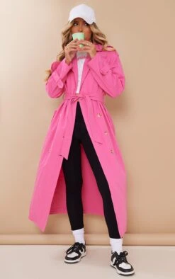 Prettylittlething Bright Pink Panel Detail Belted Trench Coat Bright Pink