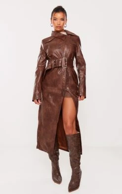 Prettylittlething Dark Brown Distressed Faux Leather Belt Detail Tailored Coat Dark Brown