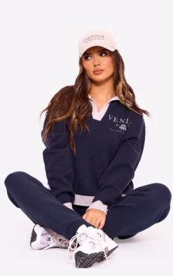 Prettylittlething Navy Venice Embroidered Collar Knitted Sweater Navy