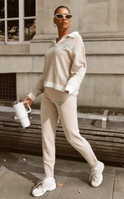 Prettylittlething Stone Venice Embroidered Knitted Sweatpants Stone