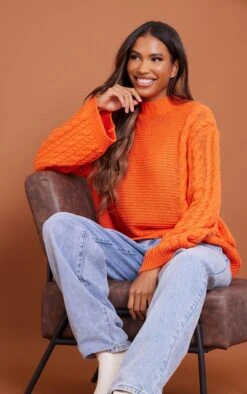 Prettylittlething Orange Extreme Sleeve Cable Knit Oversized Sweater Orange