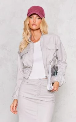 Prettylittlething Grey Tailored Woven Pocket Detail Cropped Bomber Jacket Grey