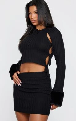 Prettylittlething Black Knit Lace Up Crop Top & Mini Skirt & Faux Fur Sleeves Black -Prettylittlething c3fcb6943b1ea904f298ccfd1ea60328534cc699 cnf0395 3
