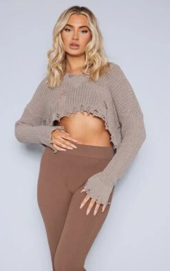 Prettylittlething Mocha Extreme Distressed Knit Sweater Mocha