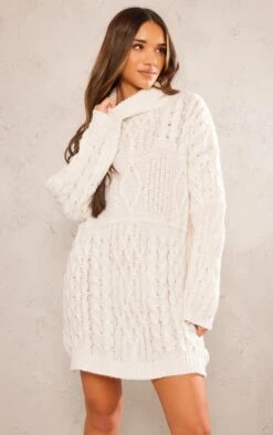 Prettylittlething White Cable Panels Roll Neck Knitted Sweater White