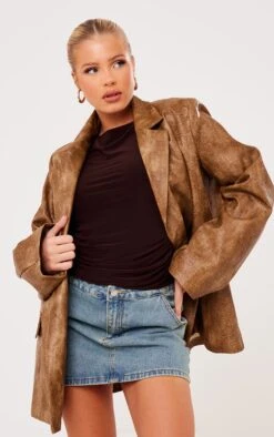 Prettylittlething Brown Distressed PU Oversized Shoulder Pad Blazer Brown