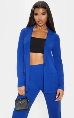 Prettylittlething Blue Fitted Button Detail Crepe Blazer Blue