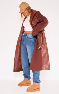 Prettylittlething Chocolate Contrast Faux Leather Wool Look Belted Trench Coat Chocolate -Prettylittlething c7627301ea69593632160b38d93ed73a745df1f3 cnf5103 3