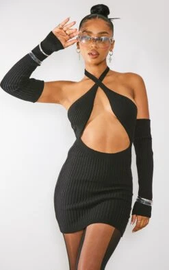 Prettylittlething Black Soft Rib Knit Halter Neck Dress Black