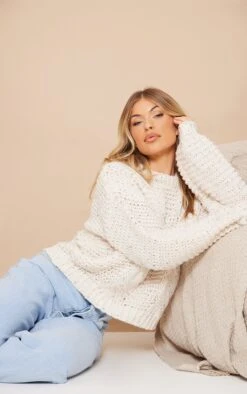 Prettylittlething Oatmeal Speckle Chunky Knit Slouchy Cable Sweater Oatmeal