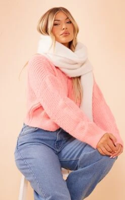 Prettylittlething Coral Soft Cable Knit Roll Neck Crop Sweater Coral