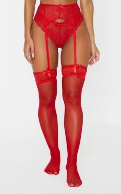 Prettylittlething Red Suspender, Hold Up Stocking & Knickers Set Red