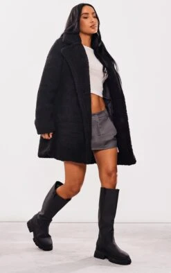 Prettylittlething Black Borg Lapel Drop Arm Midi Coat Black