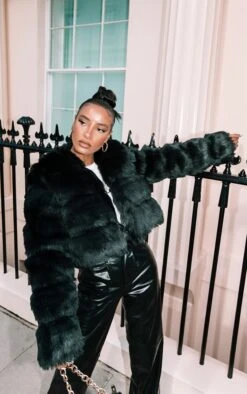 Prettylittlething Black Cropped Faux Fur Bubble Coat Black