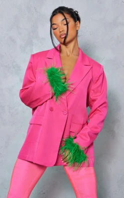 Prettylittlething Bright Pink Contrast Feather Cuff Detail Oversized Blazer Bright Pink