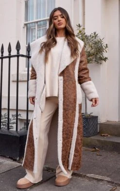 Prettylittlething Brown Borg Lined Distressed Faux Leather Maxi Coat Brown