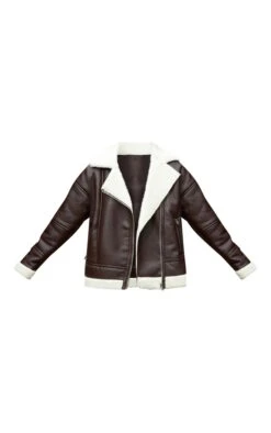 Prettylittlething Chocolate Faux Leather Borg Lined Biker Detail Aviator Jacket Chocolate -Prettylittlething cbfb6b5c50fae8bd618588eeb70d342715b88593 cnf1357 5