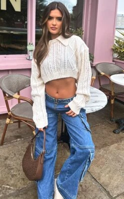 Prettylittlething Cream Collar Detail Laddering & Cable Knit Sweater Cream