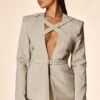 Prettylittlething PLT Label Oatmeal Strap Detail Cross Over Fitted Blazer Oatmeal