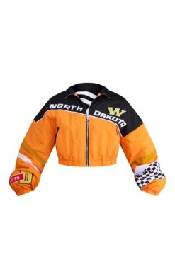 Prettylittlething Orange Cropped Oversized Graphic Zipped Racer Bomber Jacket Orange -Prettylittlething cddb0760958064b4210cd4c23e0a0573c0b643de cnb5033 5