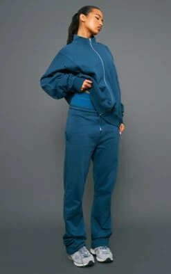 Prettylittlething Petrol Premium Tonal Print Straight Leg Sweatpants Petrol