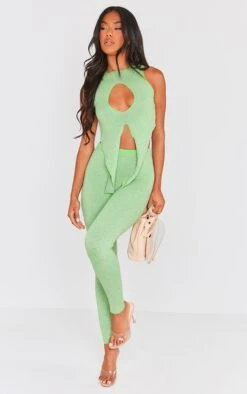 Prettylittlething Green Asymmetric Two Tone Leggings Green