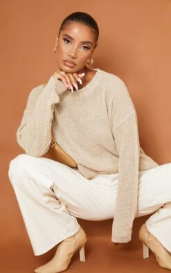 Prettylittlething Stone Basic Crew Neck Knit Sweater Stone