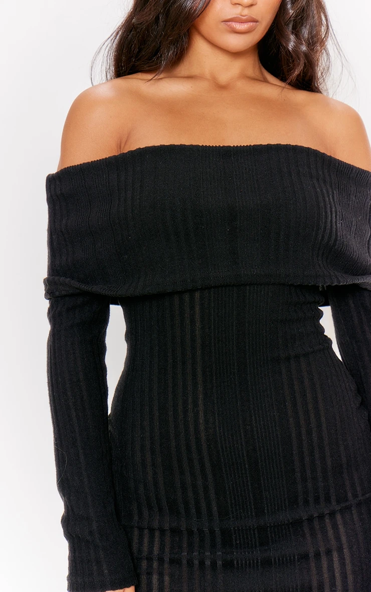 Prettylittlething Black Brushed Rib Oversized Bardot Maxi Dress Black 4 Prettylittlething Black Brushed Rib Oversized Bardot Maxi Dress Black - Image 4