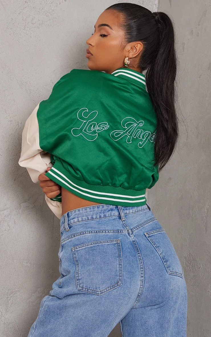 Prettylittlething Green Stripe Trim Contrast Sleeve Satin Cropped Varsity Bomber Jacket Green 2 Prettylittlething Green Stripe Trim Contrast Sleeve Satin Cropped Varsity Bomber Jacket Green - Image 2