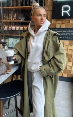 Prettylittlething Khaki Woven Hooded Oversized Trench Coat Khaki