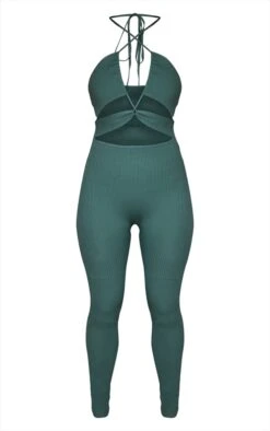 Prettylittlething Khaki Cross Front Rib Knit Jumpsuit Khaki -Prettylittlething d38e77f467618b09e945507790ab31f1c65ffec7 cne7555 5