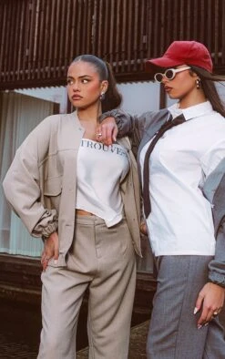 Prettylittlething Premium Oatmeal Woven Elastic Hem Bomber Jacket Oatmeal