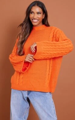Prettylittlething Orange Extreme Sleeve Cable Knit Oversized Sweater Orange -Prettylittlething d418fae174960d5b8e11bb3995e6c07d7f505bda cmz8165 3