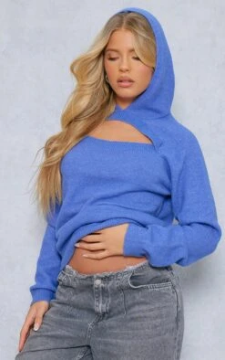 Prettylittlething Dark Teal Marl Knit Cut Out Knit Hood Sweater Dark Teal