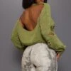 Prettylittlething Olive Open Back Distressed Knitted Sweater Olive