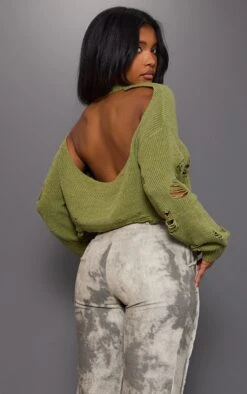 Prettylittlething Olive Open Back Distressed Knitted Sweater Olive