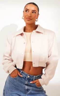 Prettylittlething Stone Shoulder Padded Wool Look Cropped Bomber Jacket Stone -Prettylittlething d690e8cff99d366ce9bebf24525a4a33dc97246e cnf1403 4