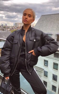 Prettylittlething Black Oversized Bomber Jacket Black