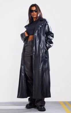 Prettylittlething Black Structured Faux Leather Maxi Biker Jacket Black