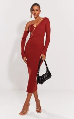 Prettylittlething Rust Ruched Front Long Sleeve Rib Knit Maxi Dress Rust