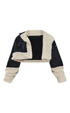 Prettylittlething Black Cropped Denim Borg Contrast Aviator Jacket Black -Prettylittlething d8dc66cff39c042035960ada3cf8d3ce487549ef cna3229 5