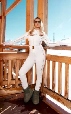 PRETTYLITTLETHING SKI White Piping Detail Belted Fitted Scuba Suit White