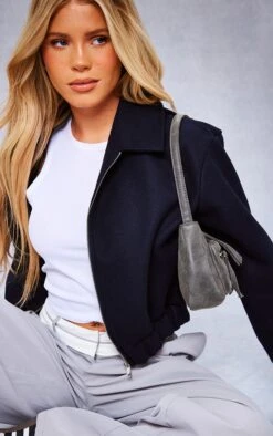 Prettylittlething Navy Wool Look Zip Front Bomber Jacket Navy -Prettylittlething d984f7efa9b8facd817c8900d48b6783e9eb66c1 cnf6003 4