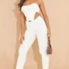 Prettylittlething Cream Ribbed Knit Wide Leg Pants Cream