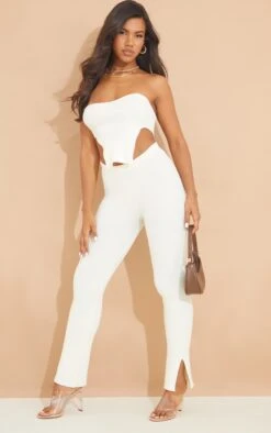 Prettylittlething Cream Ribbed Knit Wide Leg Pants Cream