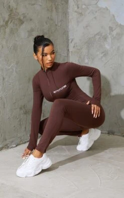 PRETTYLITTLETHING Chocolate Embroidered Zip Front Catsuit Chocolate