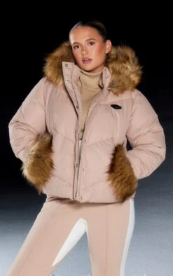 PRETTYLITTLETHING SKI Beige Tipped Faux Fur Trim Quilted Puffer Coat Beige